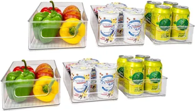 Zdjęcie produktu dla Intirilife 6-częściowy zestaw pojemników do lodówki Przezroczysty organizer do spiżarni - 24,8 x 14,1 x 6,5 / 25,6 x 15 x 8,7 / 26,8 x 16,3 x 8,7 cm - Pojemnik do przechowywania w szafkach kuchennych spiżarnia