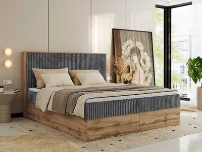 Obrázek produktu pro Kontinentální postel, box z laminované desky WOOD CLASSIC  200x200 cm Vícekapsová matrace Středně tvrdé (H3)|Šedá - Manšestr - Topper T25
