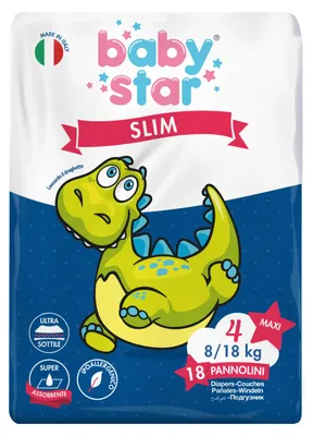 Produktbild von PANNOLINI BABYSTAR SLIM, Größe 4, für Babys von 8 bis 18 kg, Packung mit 18 Stück