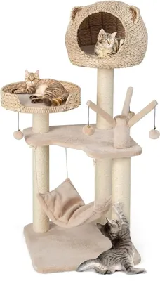 Image de Arbre à chat - Arbre à grimper - Hauteur 121 cm - 4 niveaux - Plateformes et hamac - Avec balles - Bois - Marron/Beige