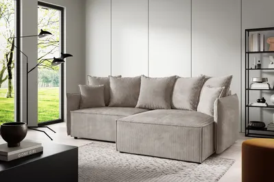 Produktbild von L-Form Ecksofa ANTONIO ABRIAMO-POSSO 221x148x70 cm mit Schlaffunktion & Bettkästen - Eckarniutur / Couch in Cord-Bezug - Dunkelbeige