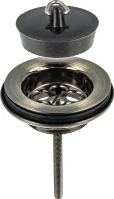 A sink drain assembly with a stopper.