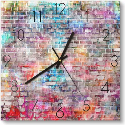 Produktbild von DEQORI Glasuhr 30x30 cm Zahlen 'Ziegelmauer mit Graffiti' Wanduhr Glas Uhr Design leise