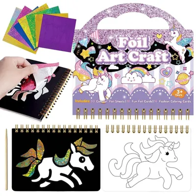 Produktbild von Bastelset Mädchen 2-in-1 Folienspaß & Kratzkunst Einhorn DIY Aufkleber Set