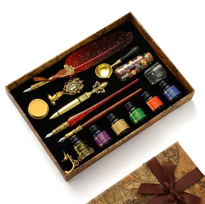 Produktbild von Kalligrafie Set mit Federkiel, Tinte und Wachssiegel - Vintage Schreibfeder Set mit 6 Tinten & 18 Ersatzspitzen, Rot