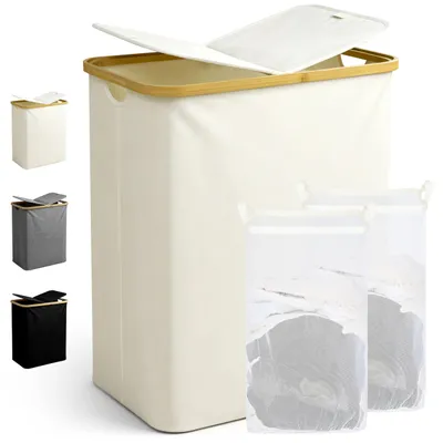 Productafbeelding van Ribelli wasmand, 130 liter, inklapbare wasmand met 2 compartimenten, deksel en handgrepen