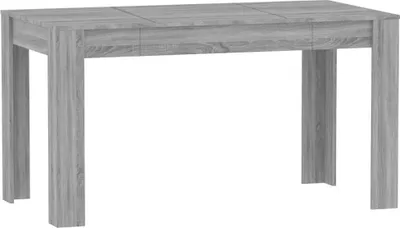 A plain studio shot of a gray wooden dining table.