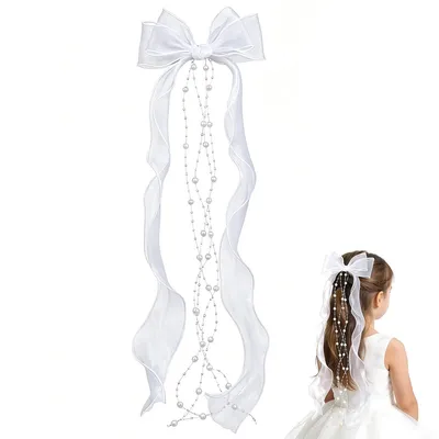 Produktbild von Haarschmuck für Kommunionmädchen, weiße Blumenhaarschleife mit Blumen, Perlen, Organza und Schleifen, Kommunion Blumenmädchen Hochzeit Festhaarschmuck