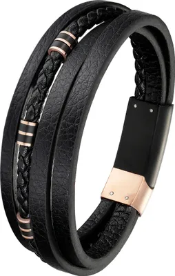Produktbild von karisma Männer Schwarzes Lederarmband 4 fach gewickelt moderne Edelstahl Elemente Länge 21cm Farbe Rosegold
