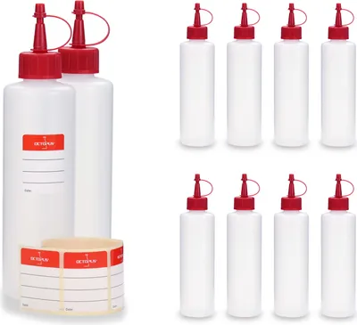 Immagine prodotto di 10 bottiglie di plastica da 250 ml, rotonde con tappi spray rossi (vuote)