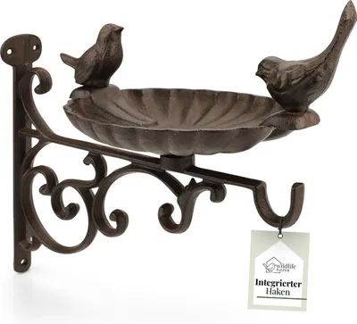 Produktbild von WILDLIFE HOME Vogeltränke hängend mit Wandhalterung 'Zwei Vögelchen' Garten, Balkon I Vogelbad zum Aufhängen frostsicher aus Gusseisen, Vogelfutterstation für Vögel, Wildvögel