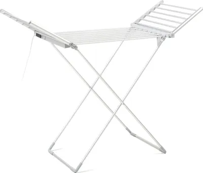 A white electric clothes drying rack is shown against a white background.
