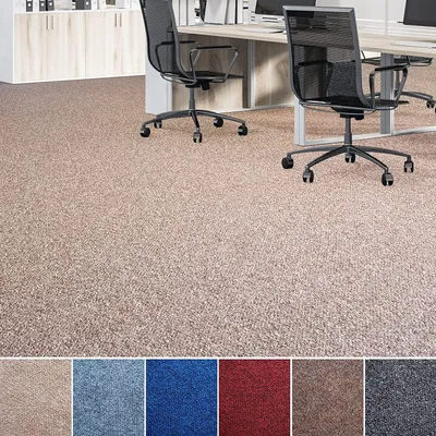 Office environment with carpet and chairs.