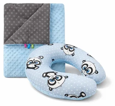 Produktbild von Kuschelset Minky-Decke + Reisekissen für Babys Panda BLAU