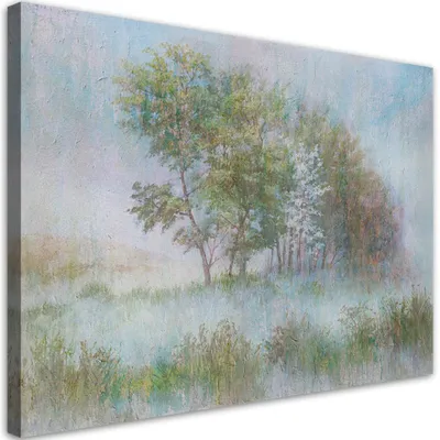 Produktbild von Leinwandbild bäume auf einer nebligen wiese 90x60 cm Feeby grün wandbild bereit zum aufhängen