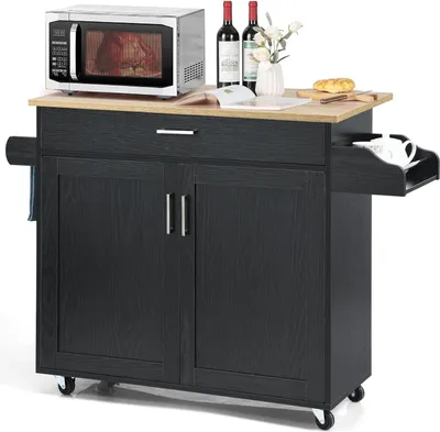 Immagine prodotto di Carrello da cucina KOMFOTTEU con piano di lavoro, mobile da cucina in legno con rotelle, isola da cucina con cassetto e ripiano regolabile, ripiano per spezie, carrello da cucina 116x40x85 cm (nero)