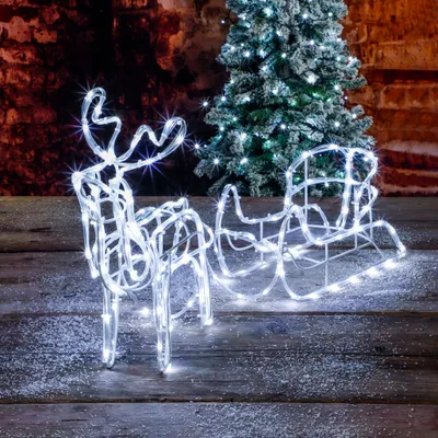 Produktbild von Standsilhouette Rentier mit Schlitten, 160 LED eisweiss, für Innen und Außen, Netzbetrieb 230V