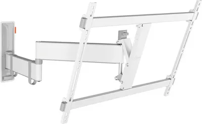 A white full-motion TV wall mount is shown against a white background.