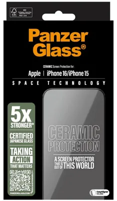 Produktbild von PanzerGlass ® Ceramic Displayschutz iPhone 16 | 15 | Ultra-Wide Fit m. EasyAligner, Apple, Apple - iPhone 16, Apple - iPhone 15, Trockene Anwendung, Kratzresistent, Schockresistent, Transparent, 1 Stück(e)