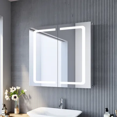 Produktbild von SONNI Edelstahl LED Flügeltür-Spiegelschränke 70x65x13cm mit Kippschalter & Rasiersteckdose