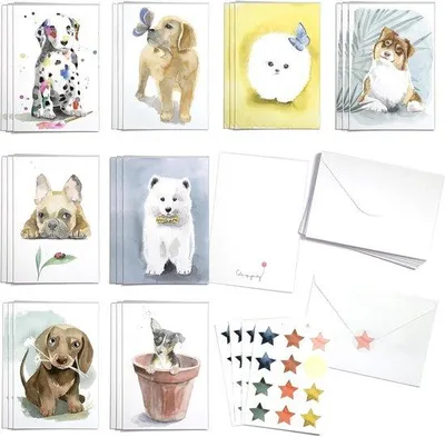 Productafbeelding van Honden Wenskaarten Doos van 24 - Aquarel Ontwerpen - Met Enveloppen en Seal Stickers - Voor Dank u en Verjaardag - Vemera