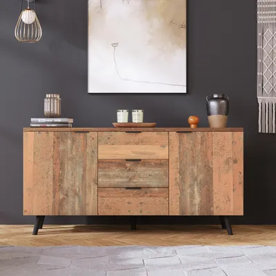 Zdjęcie produktu dla RTV-szafka o szerokości 140 cm, vintage komoda w kolorze brązowym, wykonana z płyty wiórowej, z 3 szufladami i regulowanymi półkami, idealna do salonu