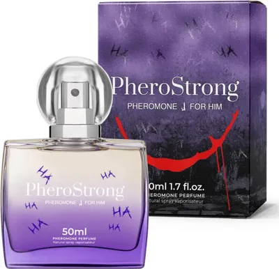A bottle of PheroStrong Pheromone J for Him perfume and its packaging are displayed against a white background.