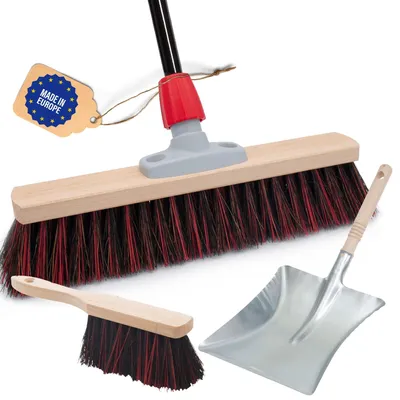 Produktbild von Novaliv Straßenbesen mit Stiel 40 cm Arenga-Elaston Borsten inkl. Kehrgarnitur schwarz bestehend aus Kehrblech und Handfeger Ideal als Gartenbesen Terassenbesen Stallbesen Kehrbesen Outdoor broom