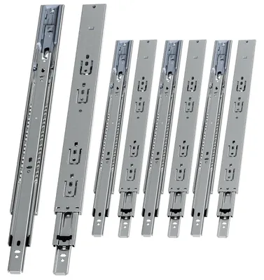 Obrázok produktu pre Peviasot 4 páry koľajníc na zásuvky, 450 mm, s tlmením, plný výsuv, 3-dielne, tiché guľôčkové ložiská, vhodné pre nábytok a zásuvky