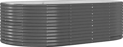 A dark gray, corrugated metal raised garden bed is shown from a slightly elevated side view against a light gray background.