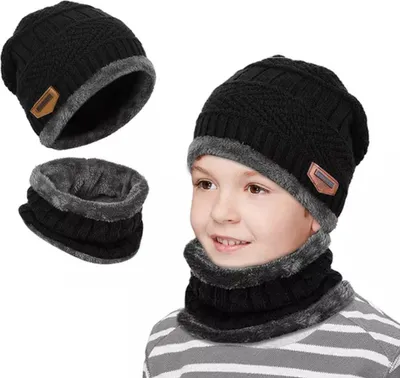 Produktbild von Kinder Wintermütze Beanie Hut mit Schal Set Slouchy Strickmütze Warme Knit Skull Cap Fleecefutter Hat 2-8 Jahre, A0478 Schwarz