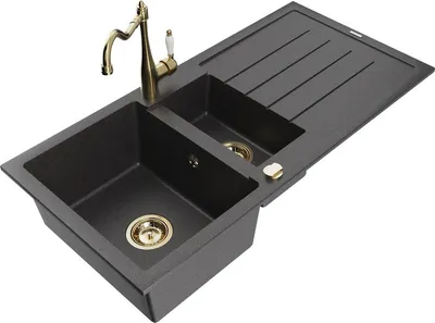 Produktbild von Mexen Andres 1,5-Becken-Granitspüle mit Abtropffläche und Mischbatterie Carla, Schwarz gesprenkelt - 6515-76-670700-50