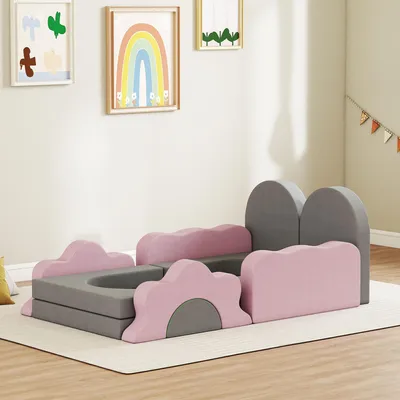 Produktbild von SUGIFT Schaumstoff Bausteine 12er-Set Kinder, Softblöcke Cord, Klettern Bauen Krabbeln Ballgrube, Grau/Rosa | 75 x 75 x 10 cm | 12 Teile | 10,7 kg