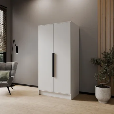 Produktbild von Glatter Drehtürenschrank 100 cm Mila 2 mit Metallgriffen, 2-türiger Kleiderschrank, Schrank mit Einlegeböden und Kleiderstange, Farbe: Weiß, Breite: 100 cm, Grifffarbe: Schwarz