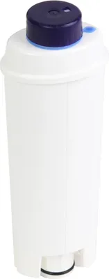 A white water filter cartridge with a blue cap, isolated on a white background.