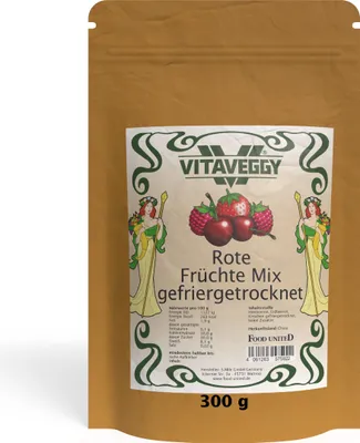 Produktbild von VITAVEGGY ROTE FRÜCHTE MIX gefriergetrocknet 300g ohne Zusatzstoffe von Food-United Trockenobst - aus Erdbeeren Himbeeren und Kirschen - natürlich süß für Müslis Naturjoghurt Smoothies Sorbes Panna-Cotta Eiscreme