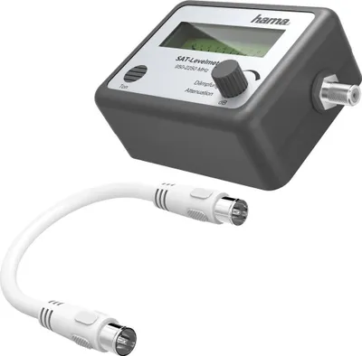A satellite signal finder and a white coaxial cable are shown against a white background.