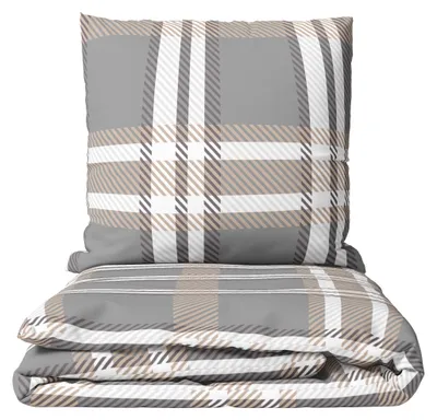 Produktbild von 4 tlg Winter Bettwäsche Thermofleece 135x200 cm Grau Beige Kariert Flauschig mit Reißverschluss