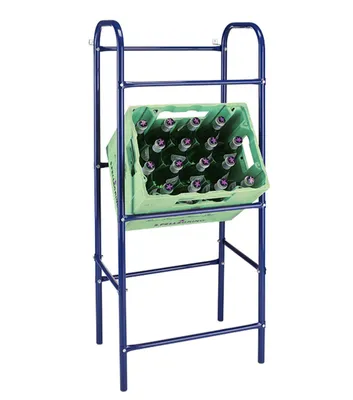 A blue metal stand holding a green crate filled with bottles.
