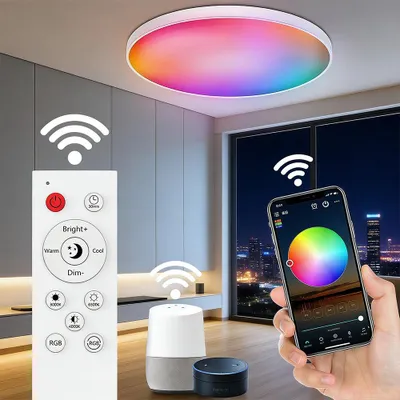 A modern living room scene showcasing a smart LED ceiling light with various control devices.