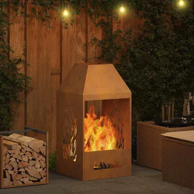 Immagine prodotto di Camino da esterno – Camino per terrazza – Braciere – Cesto per il fuoco – Stufa a legna – Acciaio – Rivestimento marrone – 50x50x100 cm