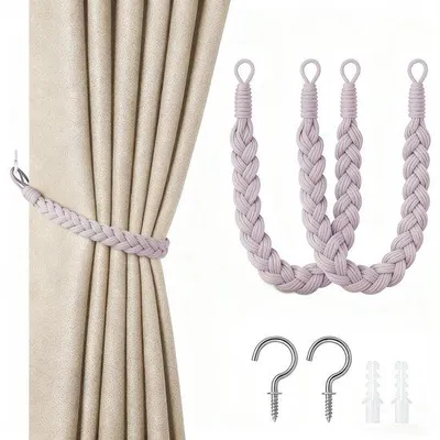 Image de Lot de 2 rubans à rideaux torsadés tissés à la main avec crochets - 60 cm de long - pour le salon, la chambre à coucher, le bureau