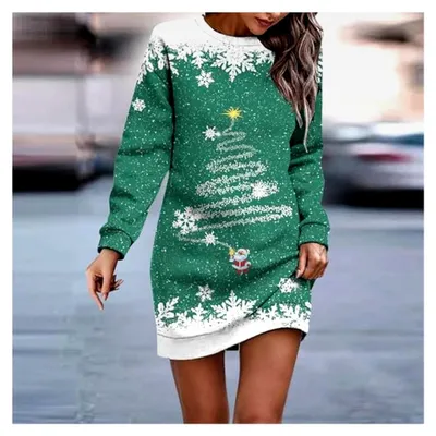 Produktbild von Elegantes Weihnachtskleid für Damen mit Rundhalsausschnitt und Schneeflocken-Muster
