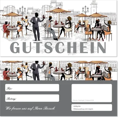 Produktbild von 10 Stück Geschenkgutscheine (Straßencafe-689) Gutscheine Gutscheinkarten für Gastronomie Bereiche wie Restaurant Gaststätte Lieferdienst Konditorei