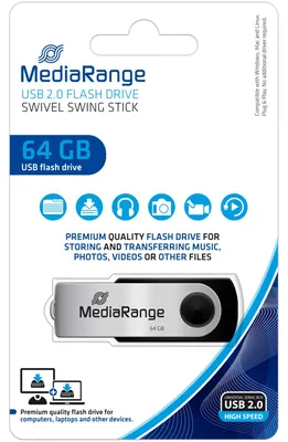 Produktbild von MediaRange 64GB USB 2.0, 64 GB, USB Type-A / Micro-USB, 2.0, 13 MB/s, Drehring, Schwarz, Silber
