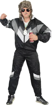 A man wearing an 80s-style tracksuit, sunglasses, and a large gold chain, holding a can.