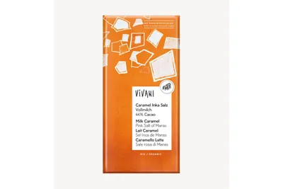 Produktbild von MILCHSCHOKOLADE MIT KARAMELLSTÜCKCHEN UND ROSA MARAS-SALZ  80 g – VIVANI