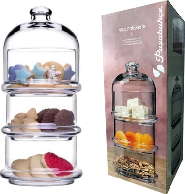 Produktbild von Pasabahce Villa Patisserie 3 stapelbare Behälter mit Kuppel Schalen 26x12 cm