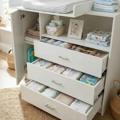 Produktbild von Wickelkommode Wickeltisch Baby Kommode aus Holz mit Wickelaufsatz, 3 Schubladen, 1 Tür, 100 cm Höhe in Weiß, Wickeltisch 113 x 100 cm