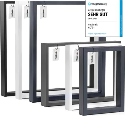 A collection of table legs in different colors and sizes, with a review badge overlay.
